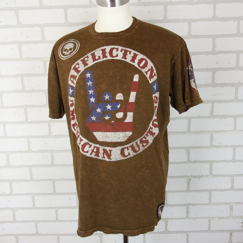 Affliction American Customs Flag T-Shirt Mens XL Brown Dye Rock Hand Sign Y2K